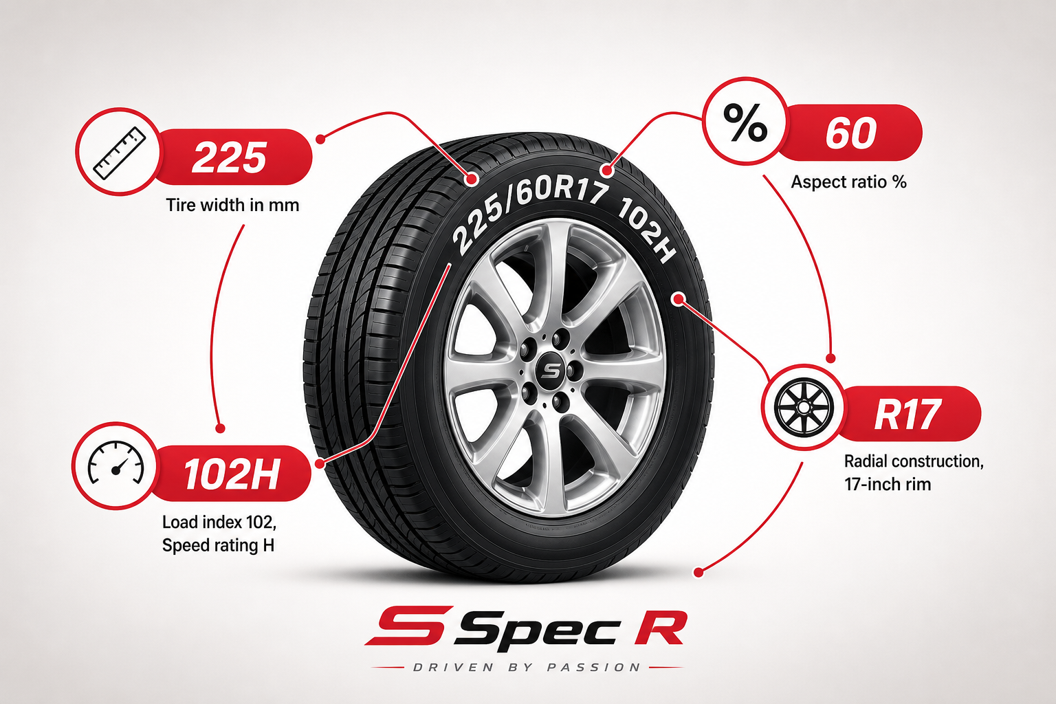 Diagram showing tire width, aspect ratio, rim size, load index, and speed rating on a sidewall